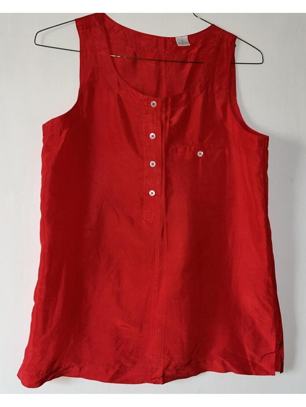 100% Red Silk Sleeveless 1/2 Button Women's Top, Size Small